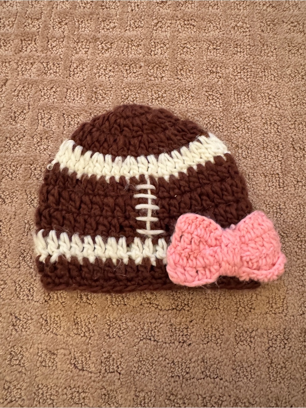 Hand-Crocheted Baby Football Beanie Hat with Pink Bow